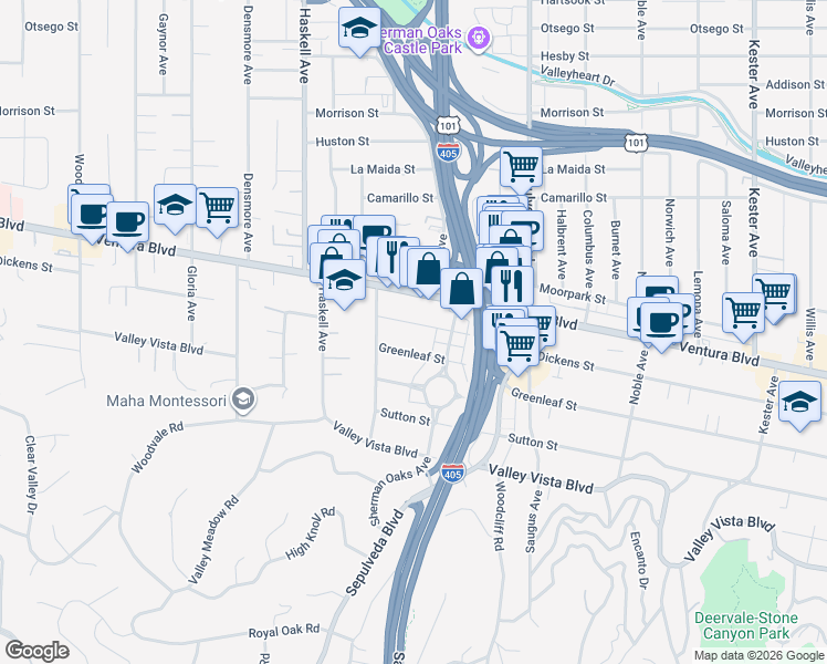 map of restaurants, bars, coffee shops, grocery stores, and more near 15425 Dickens Street in Los Angeles