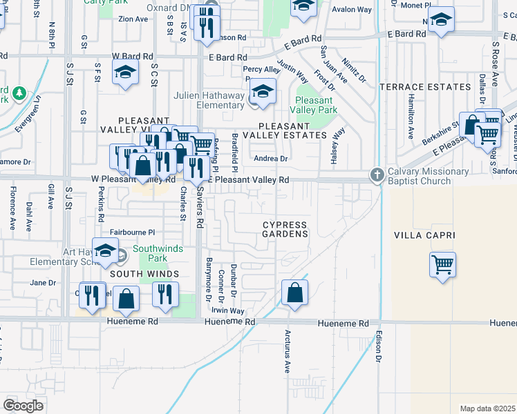 map of restaurants, bars, coffee shops, grocery stores, and more near 5203 Cypress Road in Oxnard