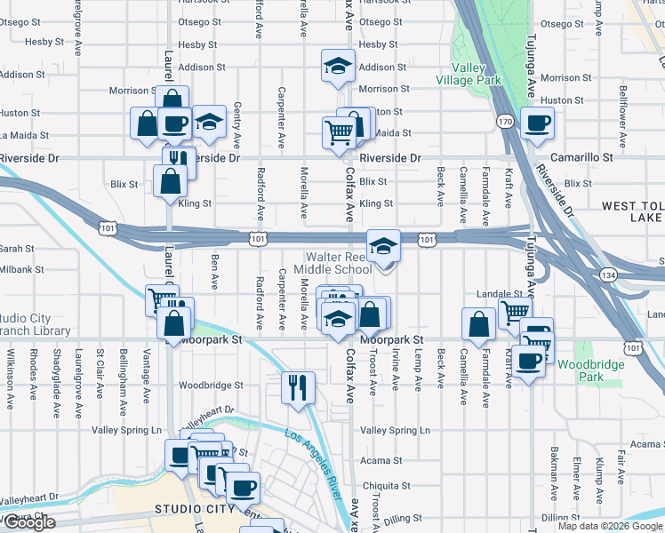 map of restaurants, bars, coffee shops, grocery stores, and more near 4540 Simpson Avenue in Los Angeles