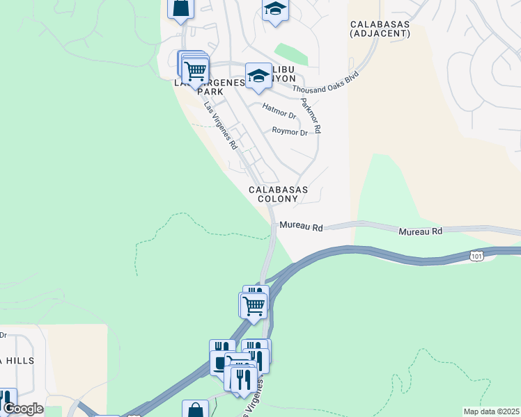 map of restaurants, bars, coffee shops, grocery stores, and more near 5305 Las Virgenes Road in Calabasas
