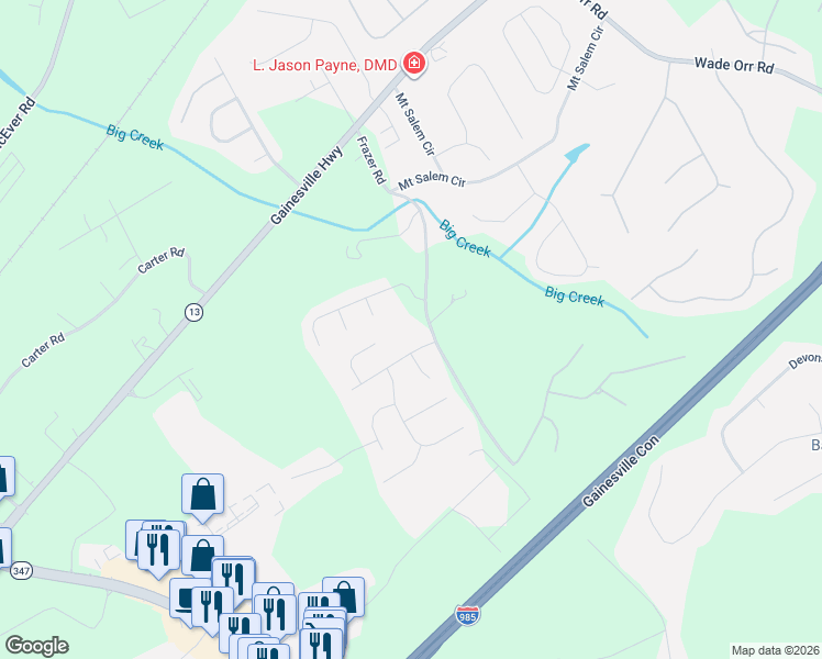 map of restaurants, bars, coffee shops, grocery stores, and more near 5292 Frazer Road in Buford