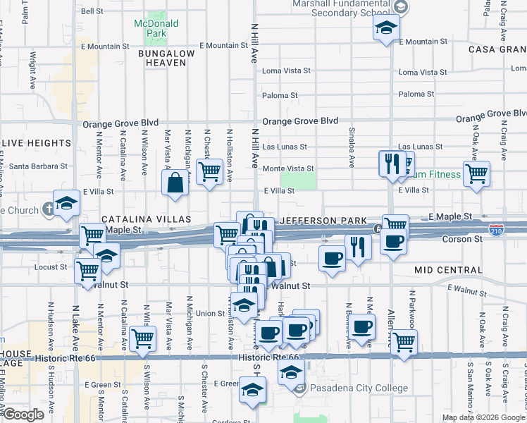 map of restaurants, bars, coffee shops, grocery stores, and more near 435 Hamilton Avenue in Pasadena