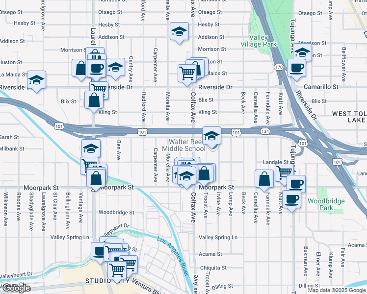 map of restaurants, bars, coffee shops, grocery stores, and more near 4540 Simpson Avenue in Los Angeles