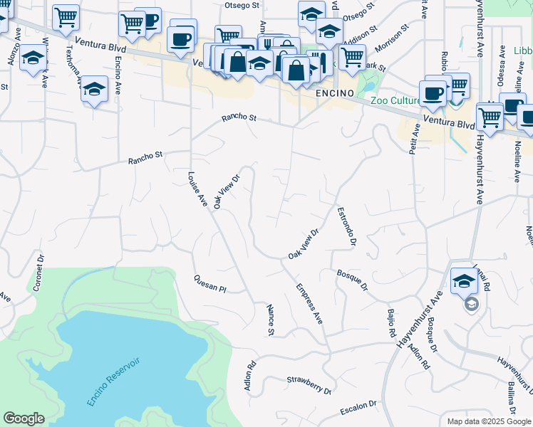 map of restaurants, bars, coffee shops, grocery stores, and more near 4507 Balboa Avenue in Los Angeles