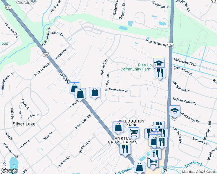 map of restaurants, bars, coffee shops, grocery stores, and more near 4920 Gate Post Lane in Wilmington