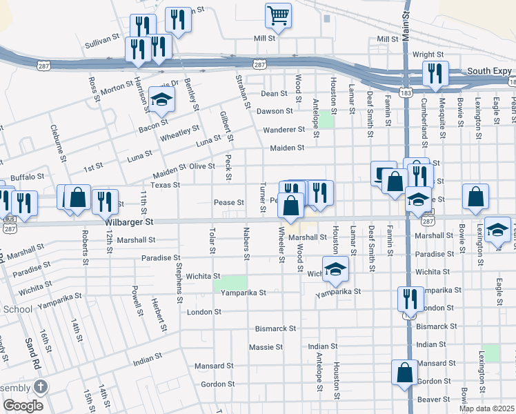 map of restaurants, bars, coffee shops, grocery stores, and more near 1710 Turner Street in Vernon