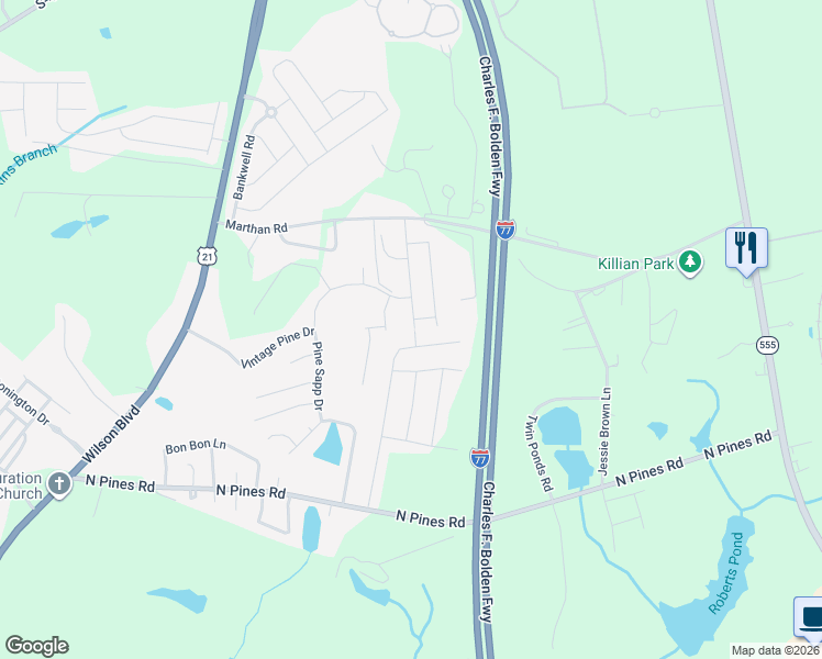 map of restaurants, bars, coffee shops, grocery stores, and more near 1098 Heart Pine Drive in Blythewood