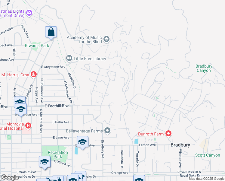 map of restaurants, bars, coffee shops, grocery stores, and more near 100 Palm Hill Lane in Bradbury