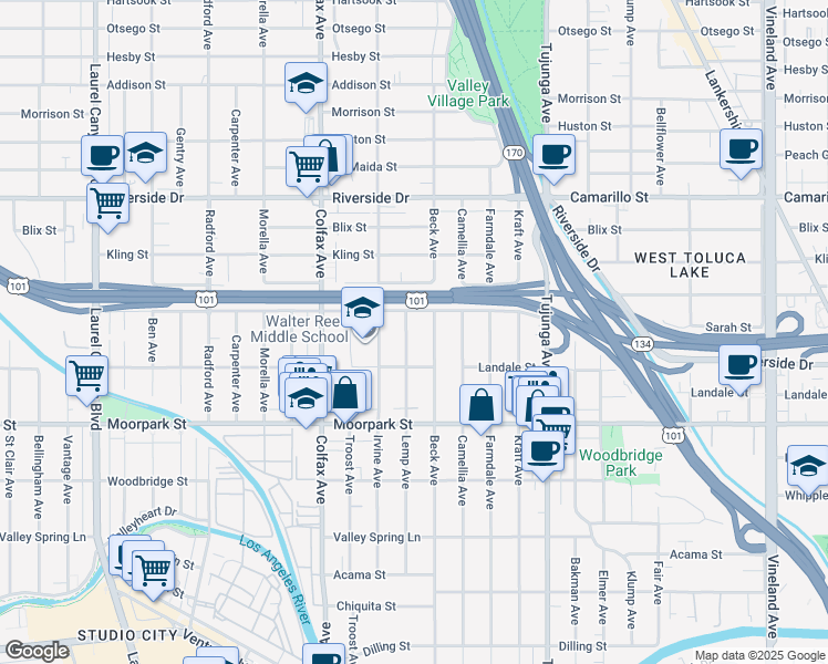 map of restaurants, bars, coffee shops, grocery stores, and more near 4538 Lemp Avenue in Los Angeles