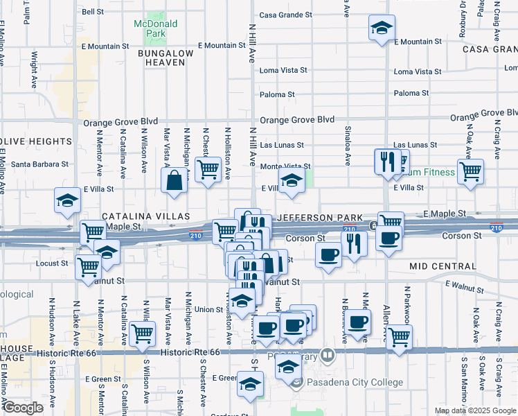 map of restaurants, bars, coffee shops, grocery stores, and more near 418 North Hill Avenue in Pasadena