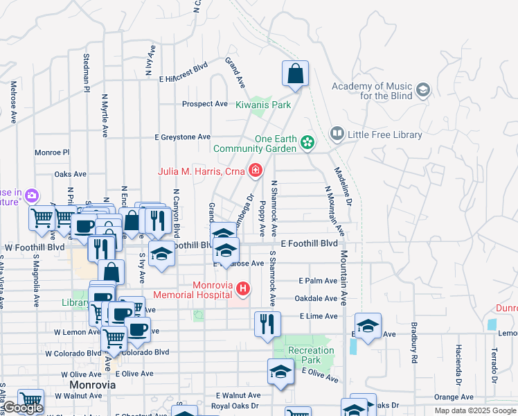 map of restaurants, bars, coffee shops, grocery stores, and more near 201 Poppy Avenue in Monrovia