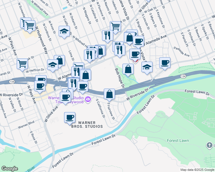map of restaurants, bars, coffee shops, grocery stores, and more near 100 South California Street in Burbank
