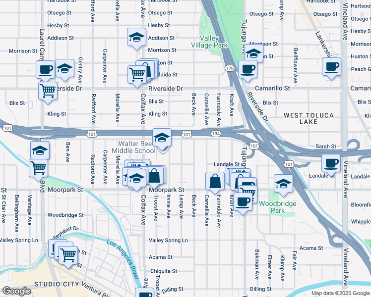 map of restaurants, bars, coffee shops, grocery stores, and more near 4538 Lemp Avenue in Los Angeles