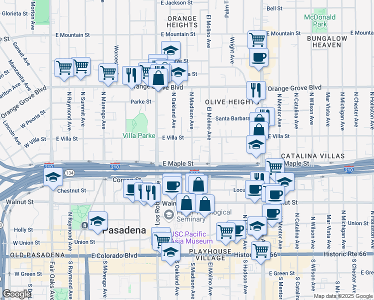 map of restaurants, bars, coffee shops, grocery stores, and more near 425 North Madison Avenue in Pasadena