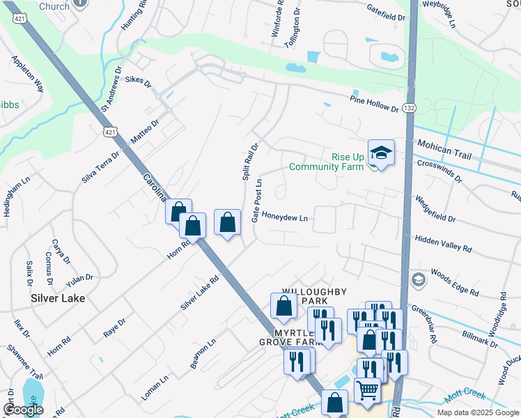 map of restaurants, bars, coffee shops, grocery stores, and more near 4920 Gate Post Lane in Wilmington