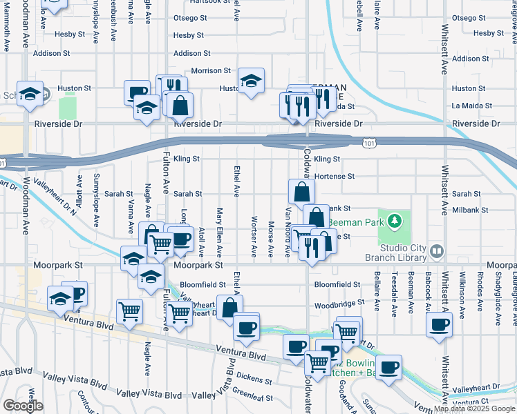 map of restaurants, bars, coffee shops, grocery stores, and more near 4538 Wortser Avenue in Los Angeles