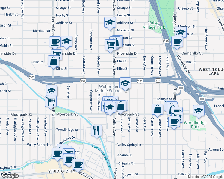 map of restaurants, bars, coffee shops, grocery stores, and more near 4541 Colfax Avenue in Los Angeles
