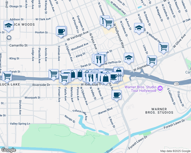 map of restaurants, bars, coffee shops, grocery stores, and more near 222 North Rose Street in Burbank