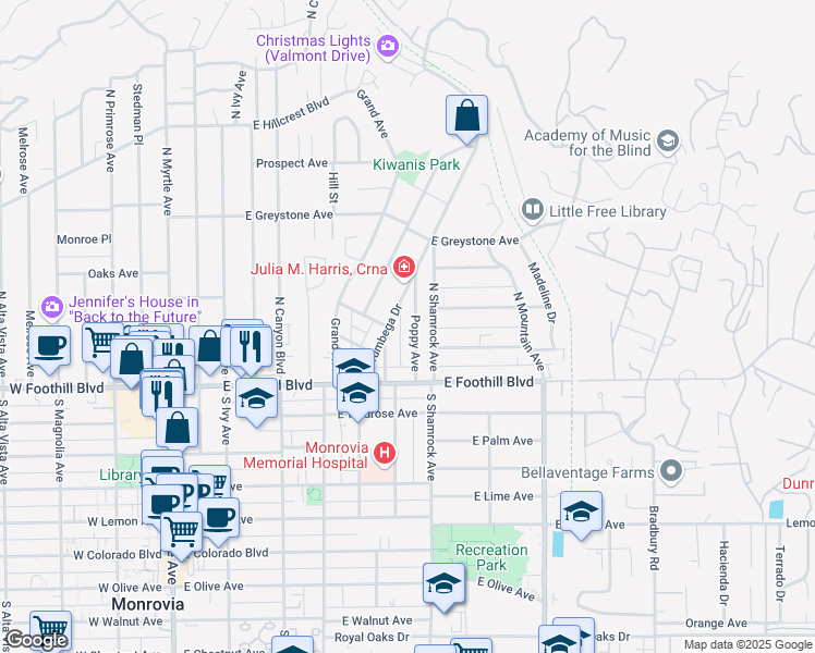 map of restaurants, bars, coffee shops, grocery stores, and more near 201 Poppy Avenue in Monrovia