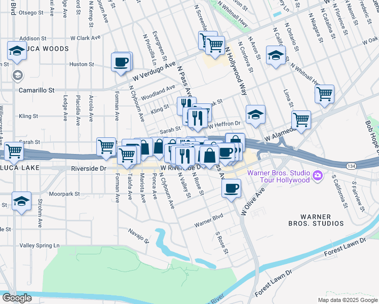 map of restaurants, bars, coffee shops, grocery stores, and more near 225 North Rose Street in Burbank