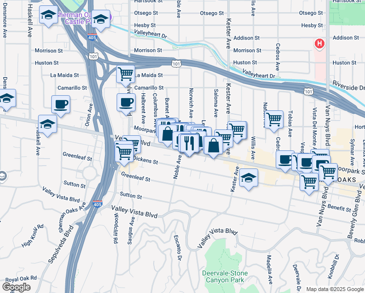 map of restaurants, bars, coffee shops, grocery stores, and more near 15040 Moorpark Street in Los Angeles