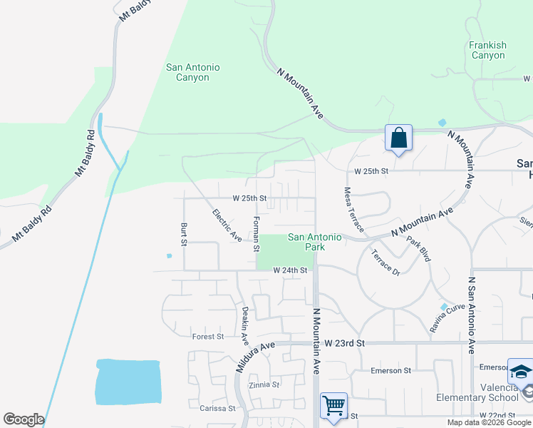map of restaurants, bars, coffee shops, grocery stores, and more near 1280 West 25th Street in Upland