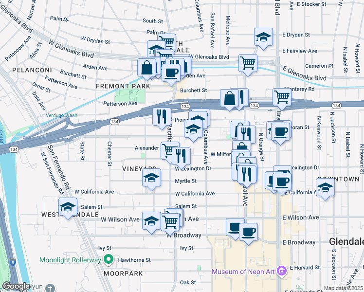 map of restaurants, bars, coffee shops, grocery stores, and more near 425 West Milford Street in Glendale