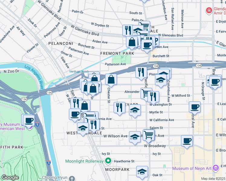 map of restaurants, bars, coffee shops, grocery stores, and more near 659 Alexander Street in Glendale
