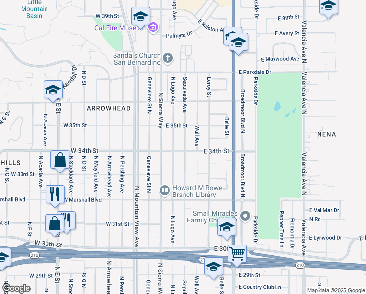 map of restaurants, bars, coffee shops, grocery stores, and more near 3423 North Lugo Avenue in San Bernardino