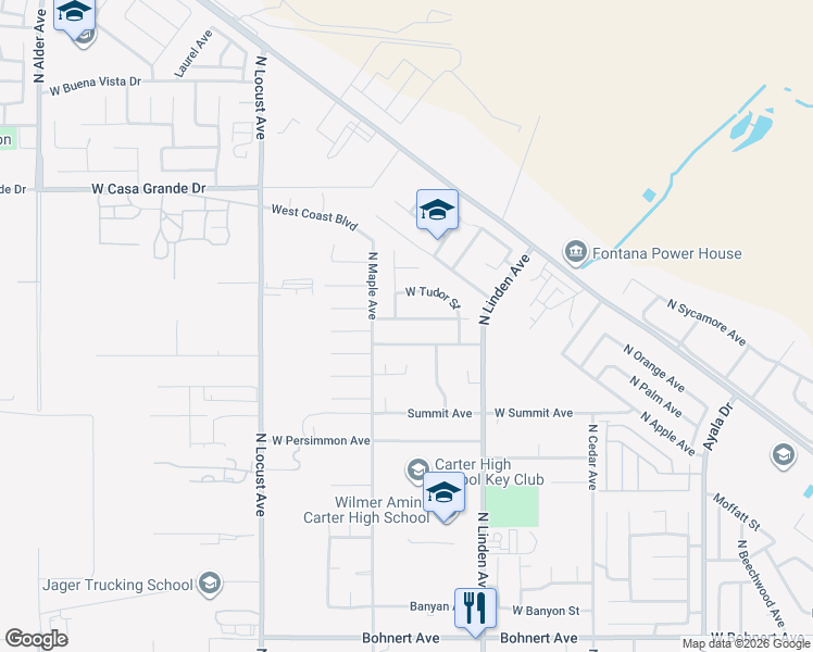 map of restaurants, bars, coffee shops, grocery stores, and more near 1619 West Townsend Street in Rialto