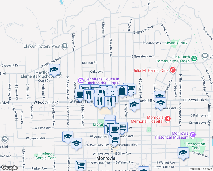 map of restaurants, bars, coffee shops, grocery stores, and more near 158 Stedman Place in Monrovia