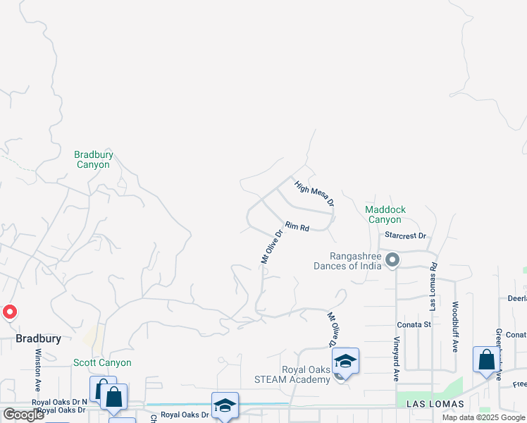 map of restaurants, bars, coffee shops, grocery stores, and more near 2212 Rim Road in Bradbury