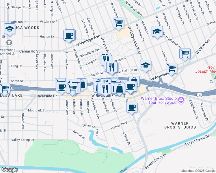 map of restaurants, bars, coffee shops, grocery stores, and more near 222 North Rose Street in Burbank