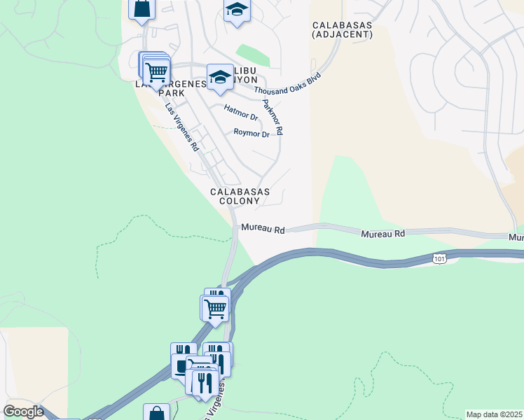 map of restaurants, bars, coffee shops, grocery stores, and more near 26078 Redbluff Drive in Calabasas