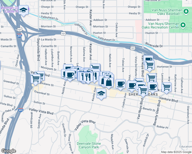 map of restaurants, bars, coffee shops, grocery stores, and more near 14845 Ventura Boulevard in Los Angeles