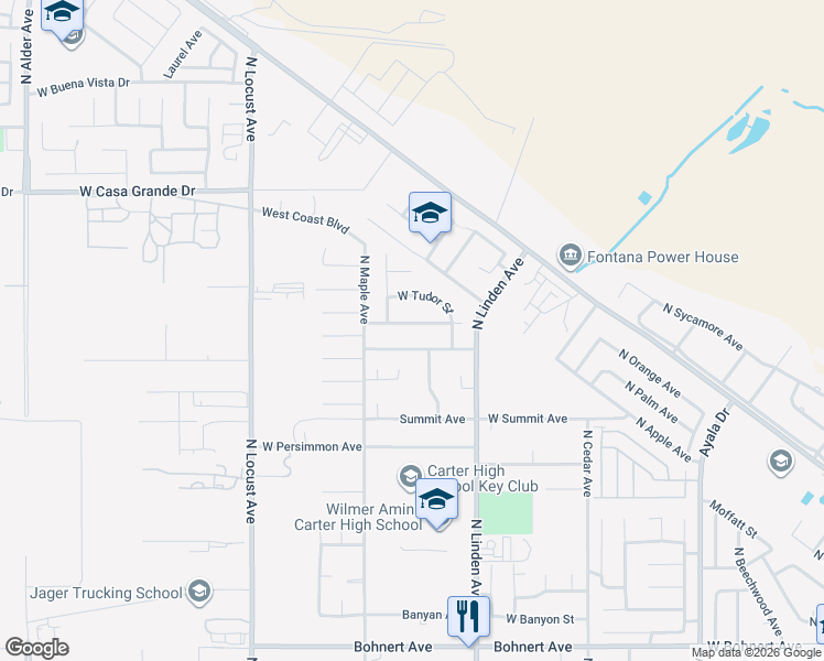 map of restaurants, bars, coffee shops, grocery stores, and more near 1619 West Townsend Street in Rialto