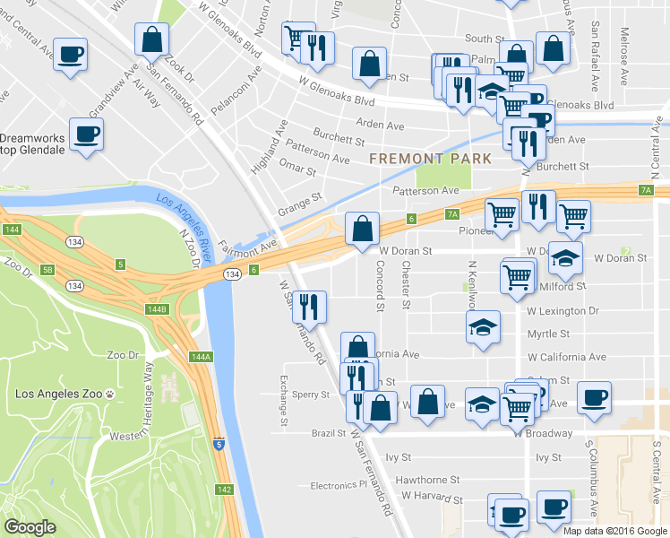 map of restaurants, bars, coffee shops, grocery stores, and more near 830 West Doran Street in Glendale