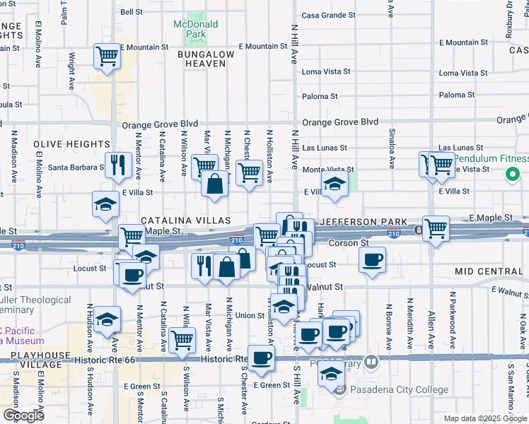 map of restaurants, bars, coffee shops, grocery stores, and more near 425 North Holliston Avenue in Pasadena