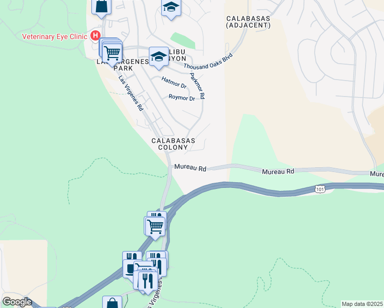 map of restaurants, bars, coffee shops, grocery stores, and more near 26070 Redbluff Drive in Calabasas
