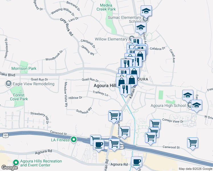 map of restaurants, bars, coffee shops, grocery stores, and more near in Agoura Hills