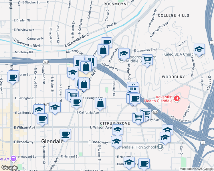 map of restaurants, bars, coffee shops, grocery stores, and more near 444 Piedmont Avenue in Glendale