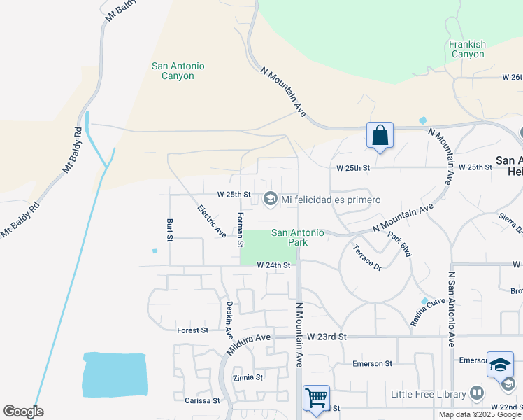 map of restaurants, bars, coffee shops, grocery stores, and more near 1272 West 25th Street in Upland
