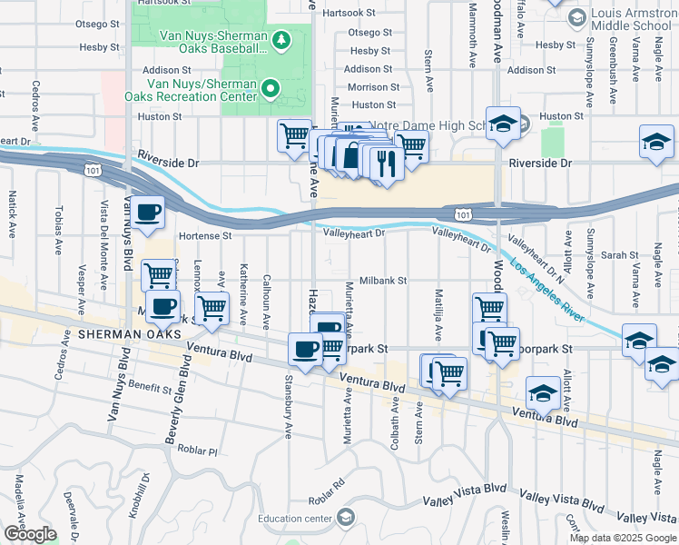 map of restaurants, bars, coffee shops, grocery stores, and more near 4511 Murietta Avenue in Los Angeles