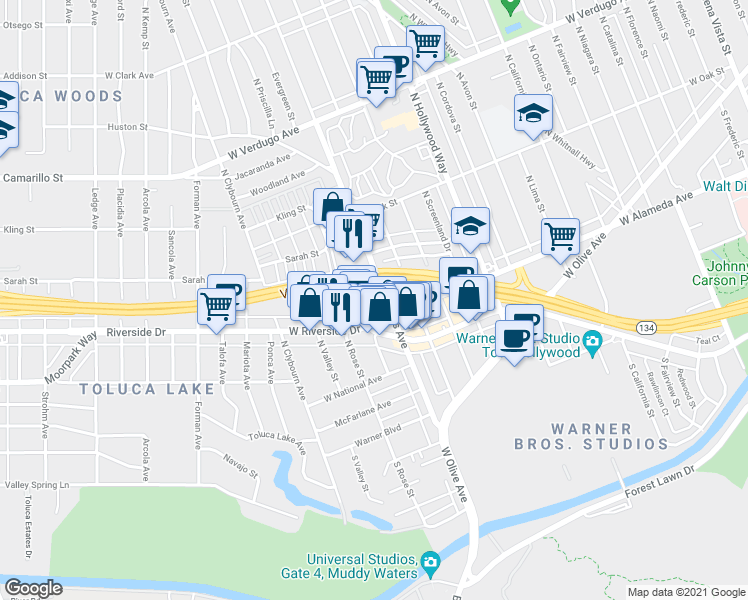 map of restaurants, bars, coffee shops, grocery stores, and more near 215 North Pass Avenue in Burbank