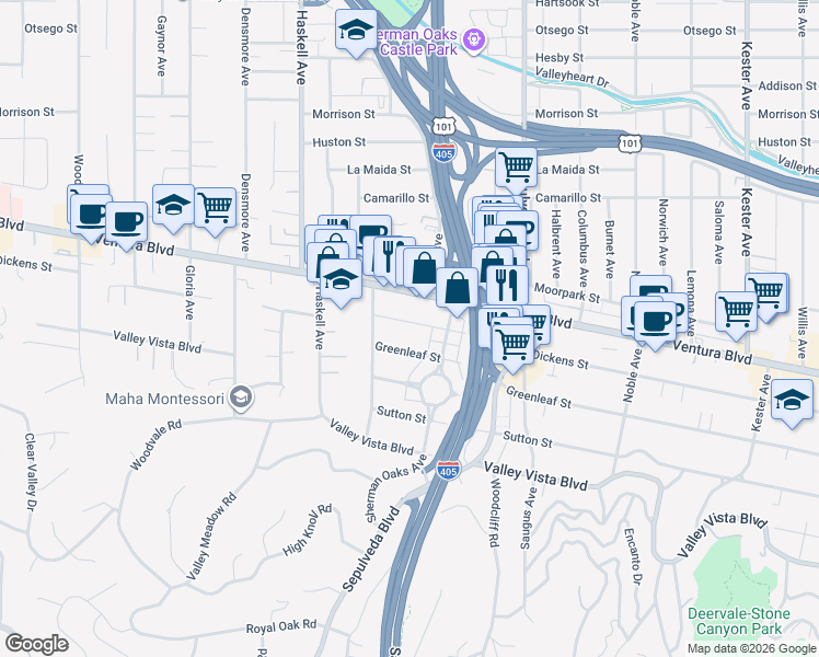map of restaurants, bars, coffee shops, grocery stores, and more near 15425 Dickens Street in Los Angeles