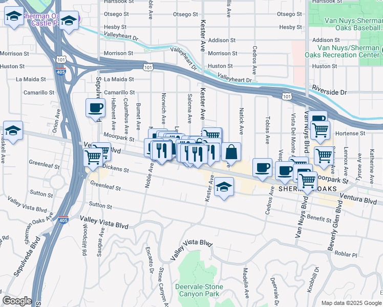 map of restaurants, bars, coffee shops, grocery stores, and more near 14930 Moorpark Street in Sherman Oaks