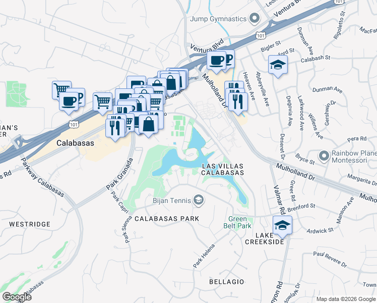 map of restaurants, bars, coffee shops, grocery stores, and more near 4644 Park Mirasol in Calabasas