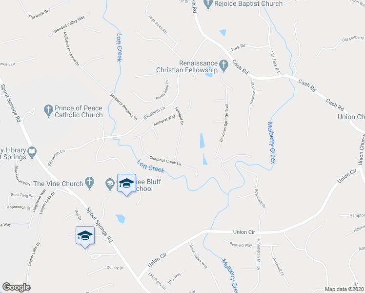 map of restaurants, bars, coffee shops, grocery stores, and more near 5343 Ashland Drive in Flowery Branch
