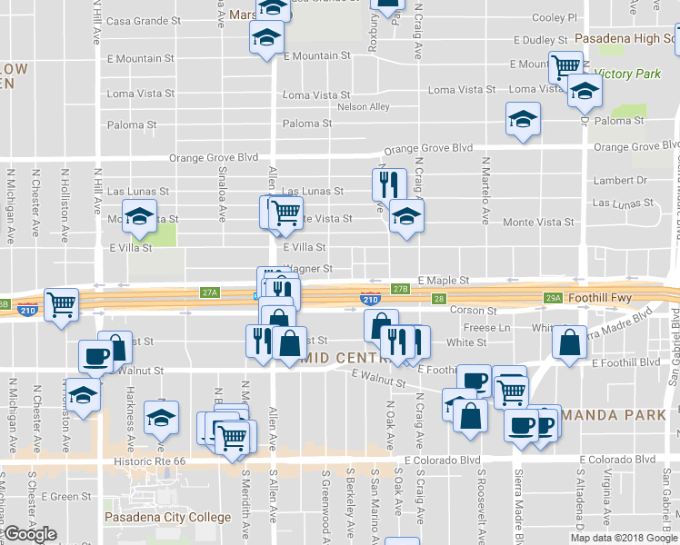 map of restaurants, bars, coffee shops, grocery stores, and more near 1956 Wagner Street in Pasadena