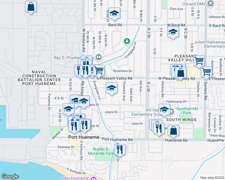 map of restaurants, bars, coffee shops, grocery stores, and more near 622 East Pleasant Valley Road in Port Hueneme